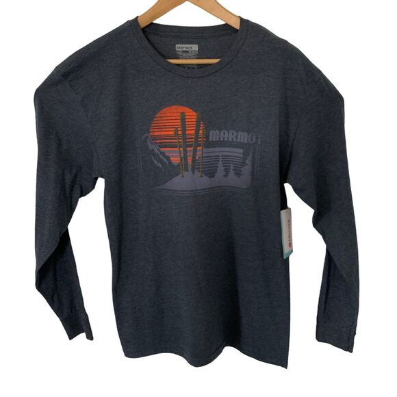 MARMOT Mens Medium Freestyle LS Tee Graphic T-Shirt Navy Heather Camp Soft NEW - Picture 1 of 5